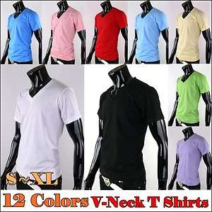 All color Mens Plain Blank V neck Tshirt Basic Tee Pure Cotton Casual 