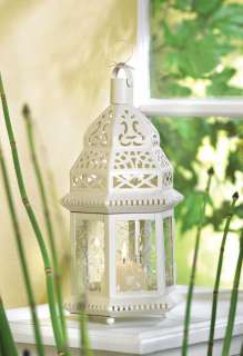 White metal and glass moroccan style hanging garden candle holder 