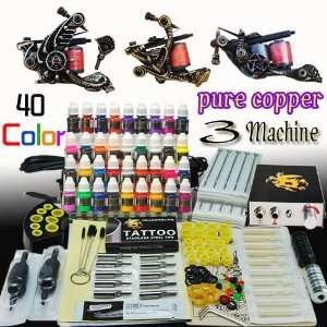  Tattoo Kit 3 Copper Machines Power Needle 40 Color D12496 