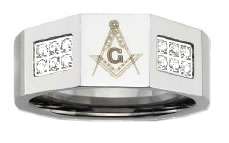   Steel Masonic Freemason Mason Blue Lodge Ring with Crystals  