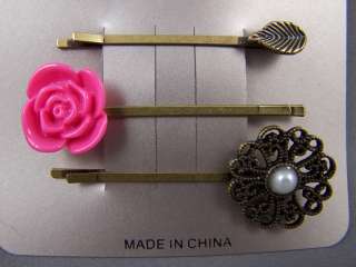 Leaf Rose Filigree Flower bobby hair pin barrette set 3  