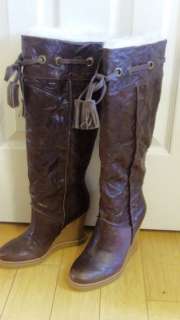   Simpson brown wrinkled leather faux fur tassel knee high wedge boots 7