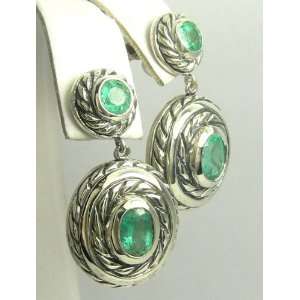   Sterling Silver & Oval Colombian Emerald Earrings 