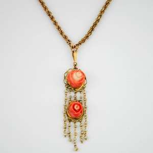Antique 14K Gold Coral Pendant Gold Filled Chain  