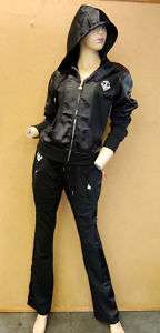   Womens Hooded Black Silver White Track Suit Sweat Suit SMALL LARGE