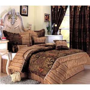  7 Pieces Coffee Jacquard Floral+stripe Comforter Set bed 