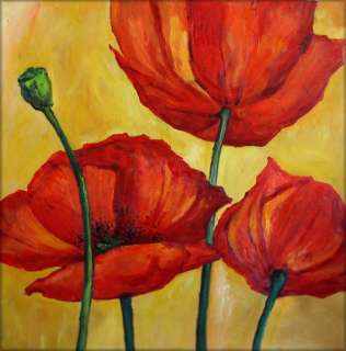 Ex. Large Hand Painted Oil Painting 30x30 Red Poppies with Bud 