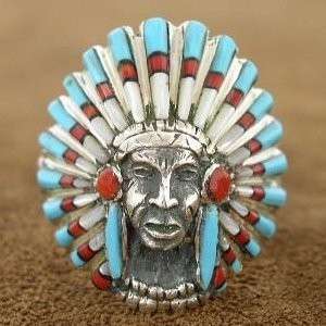 Turquoise Coral Sterling Silver Indian Chief Ring  