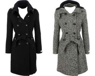 Calvin Klein Wool Coat Long Double Breasted Military Tweed Knit Collar 