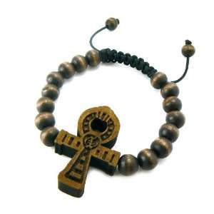  Brown 8mm Wooden Ankh Cross Shamballa Beaded Bracelet 