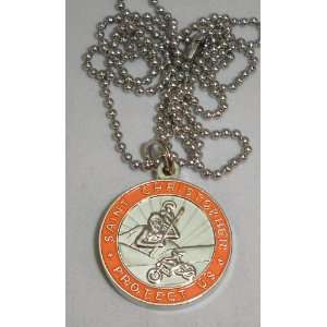 St. Christopher Rides a Motorcycle Medal Necklace/ Harley Orange