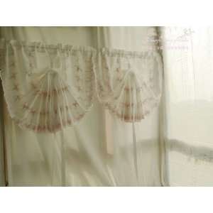Victorian Embroidery Pink rose buds Sheer Voile Pull up Cafe curtain 