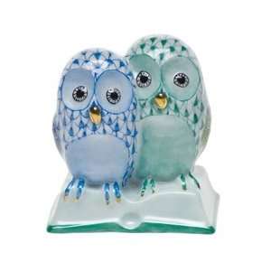  Herend Pair of Owls on Book Blue and Green Fishnet