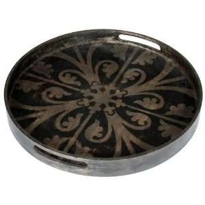  Small Round Wooden Tray Moroccan Detail, Black