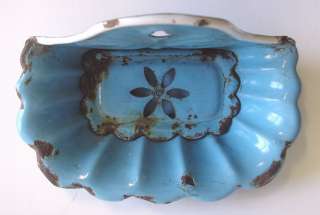 FLUTED ENAMEL SOAP DISH with DRAIN TRAY ORIGINAL ANTIQUE FRENCH c1890 