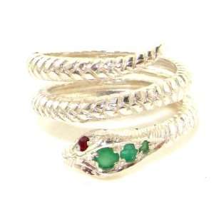 Fabulous Solid Sterling Silver Natural Emerald & Ruby Detailed Snake 