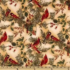   Holiday Cheer Birds Natural/Gold Fabric By The Yard Arts, Crafts