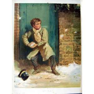    1874 COLOUR PRINT YOUNG BOY SNOWBALL WINTER STREET