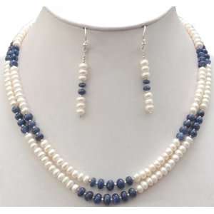  Fashionable 2 Strands Natural Fresh Water Pearl & Sapphire 