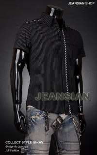 3mu Mens Designer Slim Short Shirt Top Tie Style Strip Black/White M L 