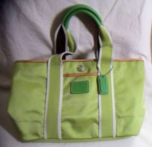 COACH Bright Green HAMPTON Nylon Zip Top Tote Bag w/Leather Trim #M04M 