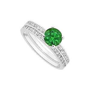 Emerald and Diamond Engagement Ring with Wedding Band Set  14K White 