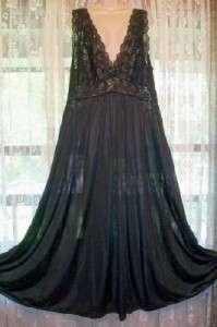Lovely SHADOWLINE Long BLACK Nylon GOWN NIGHTGOWN~Stretch Lace Bust 