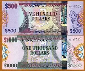 SET, Guyana, 500 + 1000 dollars, (2011) P New, UNC  