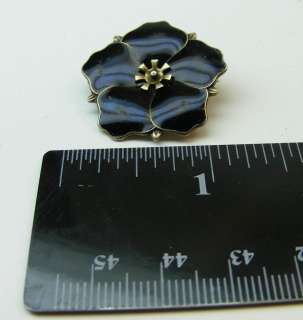 Sterling Silver 925 Black Enamel Flower Pin Floral  