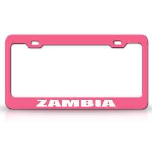 ZAMBIA Country Steel Auto License Plate Frame Tag Holder, Pink/White