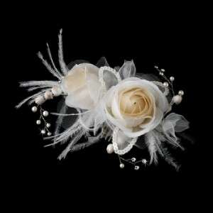 Ivory & Rum Pink Flower Feather Bridal Hair Comb  