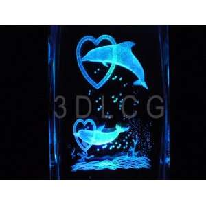    Dolphins with Hearts 3D Laser Etched Crystal 