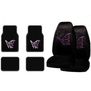   Floor Mats and A Set of 2 Universal Fit Seat Covers   Purple Butterfly