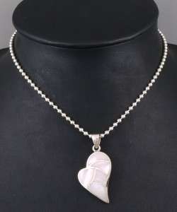 MOTHER OF PEARL WHITE HEART 925 STERLING SILVER WOMENS NECKLACE 