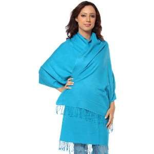 Azure Blue Silk Pashmina Shawl from Nepal   70% Pure Pashmina Wool 