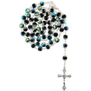  Silver Tone Linked Rosary with Faceted AB Black Crystal Beads 