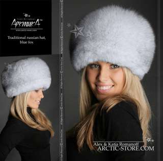 White Blue Polar Fox Fur Hat Chapka Russian Women Round  