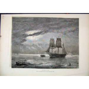  1870 Sail Ship Moonlight Sea Scene Paiting Stanfield