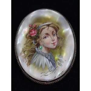  Russian Brooch Hand Painted over Mother of Pearl PORTRAIT 
