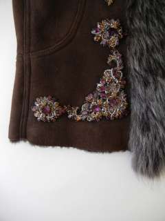   Brown Lambskin Shearling COAT JACKET Sz XS Densely Jeweled Adorned