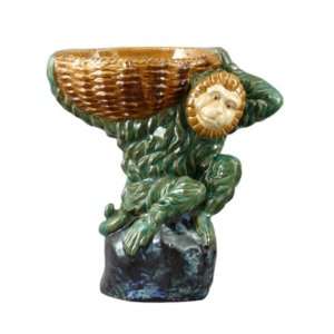  Monkey on Rock with Basket Statue Sculpture, 13 in.