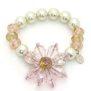 Pearl & Crystal Flower Stretch Bracelet; Cream pearl beaded bracelet 