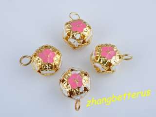 30 Pcs Painted Flower Gold Plated jingle bells beads Xmas charms 