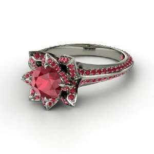  Pave Lotus Ring, Round Ruby 14K White Gold Ring Jewelry