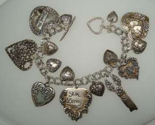 Vintage Sterling Silver Puffy Heart Charm Toggle Bracelet Cupid Key 