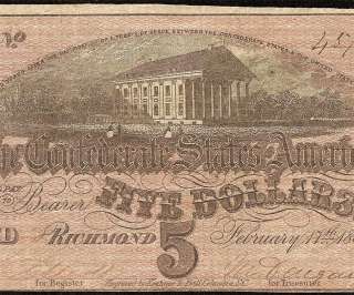 1864 $5 DOLLAR BILL CONFEDERATE CURRENCY NOTE T69 CIVIL WAR ERA PAPER 