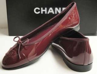 CHANEL Classic CC Logo Patent Leather Plum Ballet Flats Shoes 37 