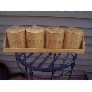  Wood Canister Set 4 Piece with Rack Metal Handles 