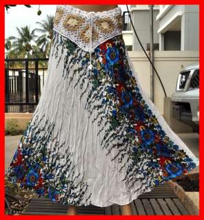   flower Hawaiian Broomstick Boho long skirt white&blue XS L  