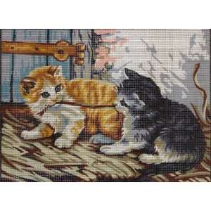  REGARDS MALICIEUX KITTENS PULLING AT THE MAT NEEDLEPOINT 